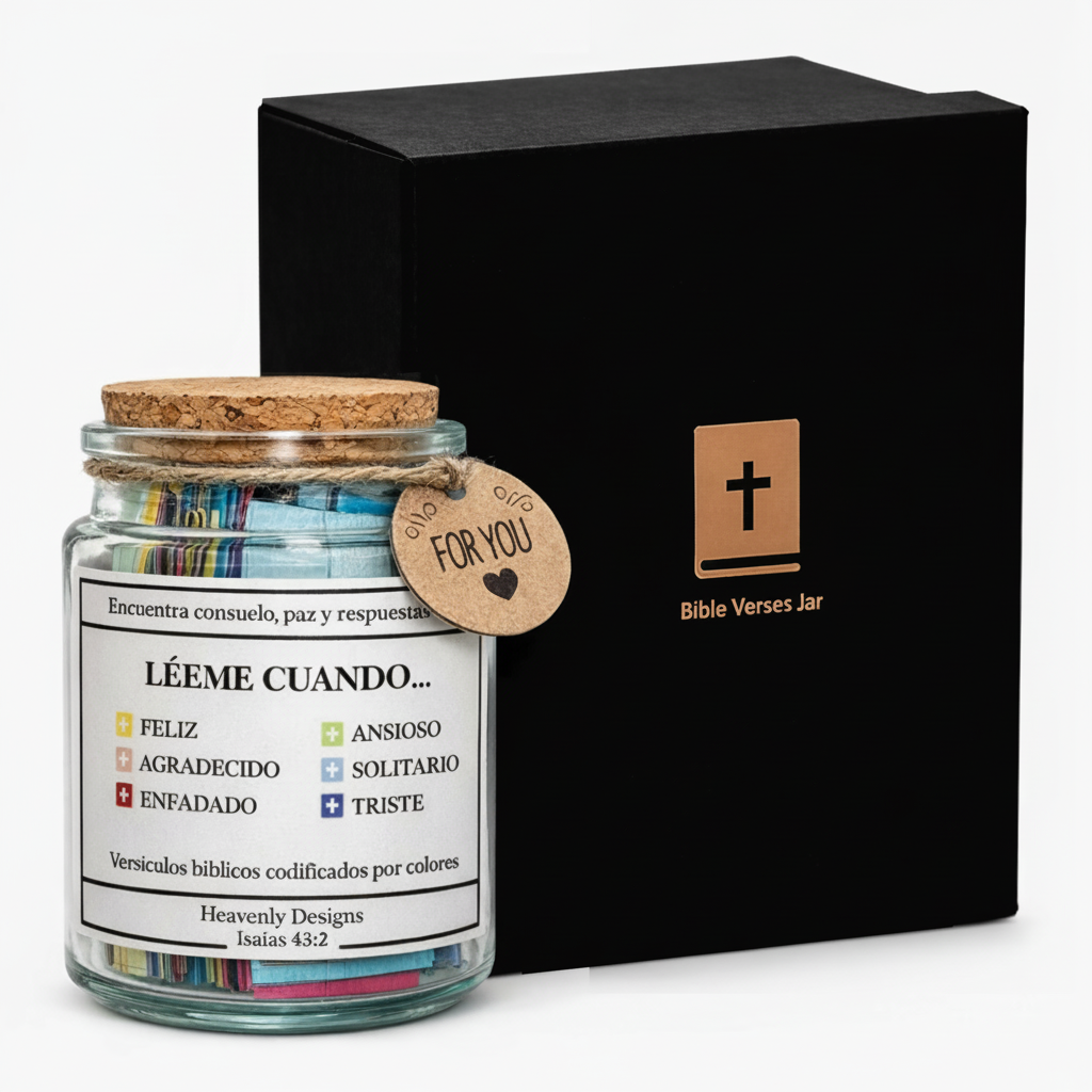 Frasco de versículos bíblicos por emociones con caja de regalo negra de Heavenly Designs.
