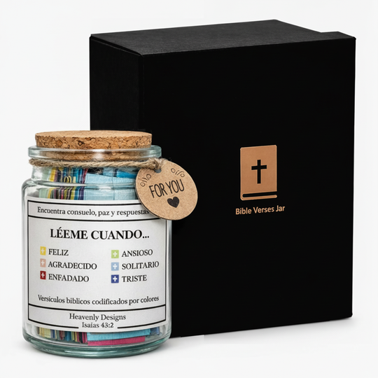 Frasco de versículos bíblicos por emociones con caja de regalo negra de Heavenly Designs.
