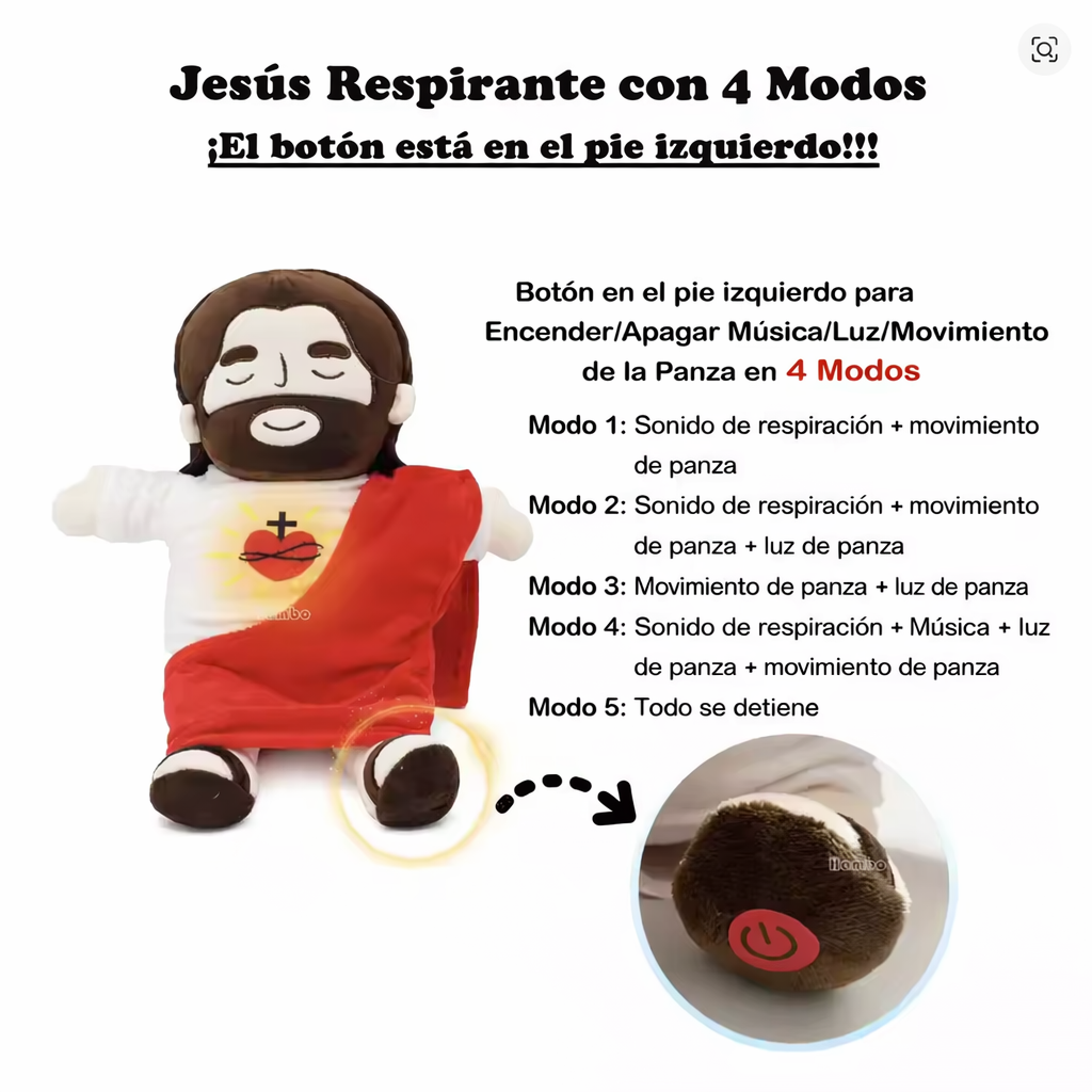 Peluche Jesús respirante con 4 modos de funcionamiento, incluye sonido de respiración, luz en la barriga, música relajante y movimiento, con botón en el pie para encender y apagar, ideal como regalo cristiano para niños y adultos.