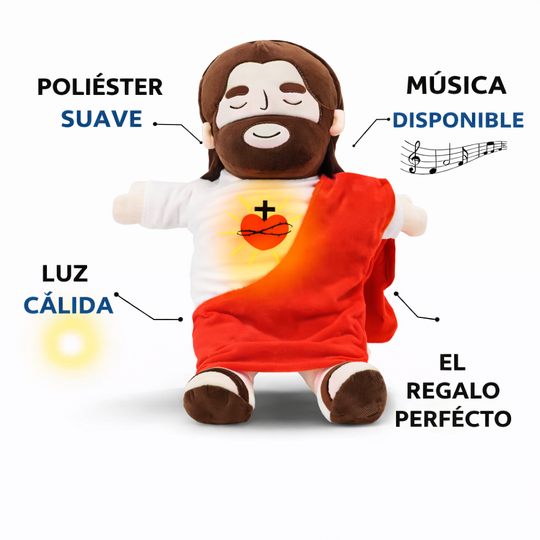Peluche de Jesús con luz cálida en el corazón, música disponible y tela de poliéster suave, ideal como regalo especial cristiano para niños y adultos.