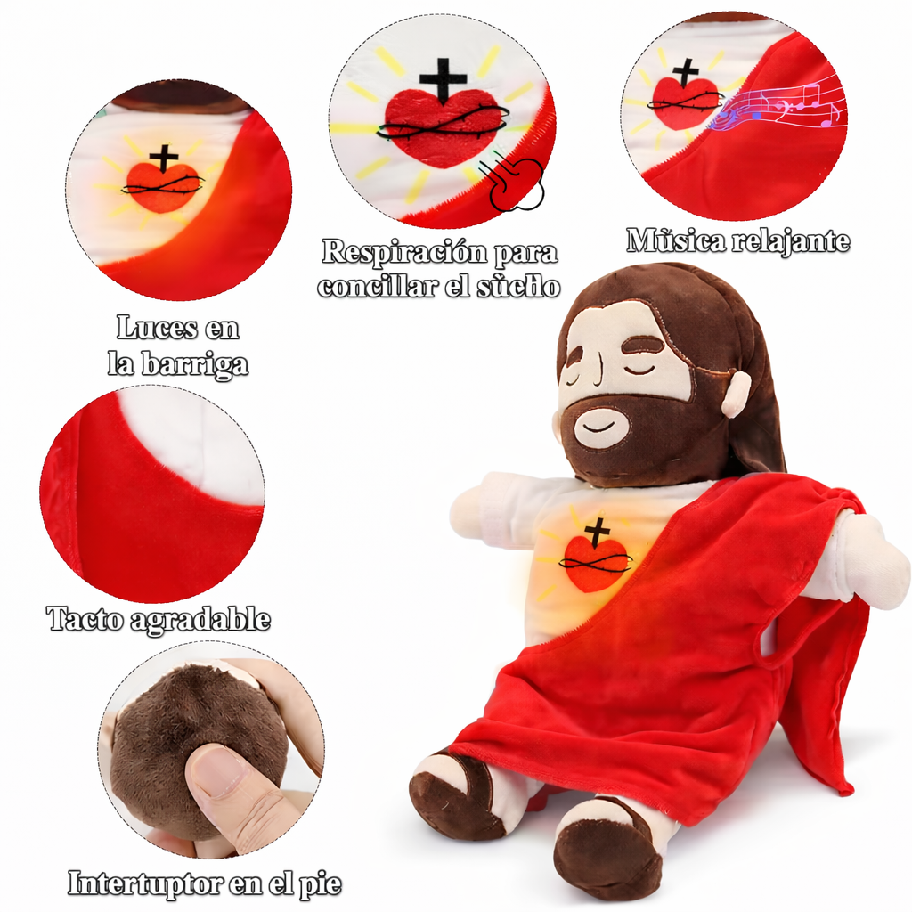 Peluche de Jesús con luz en la barriga, respiración simulada y música relajante para conciliar el sueño, fabricado con tela suave y botón en el pie, ideal como regalo cristiano para niños y adultos.