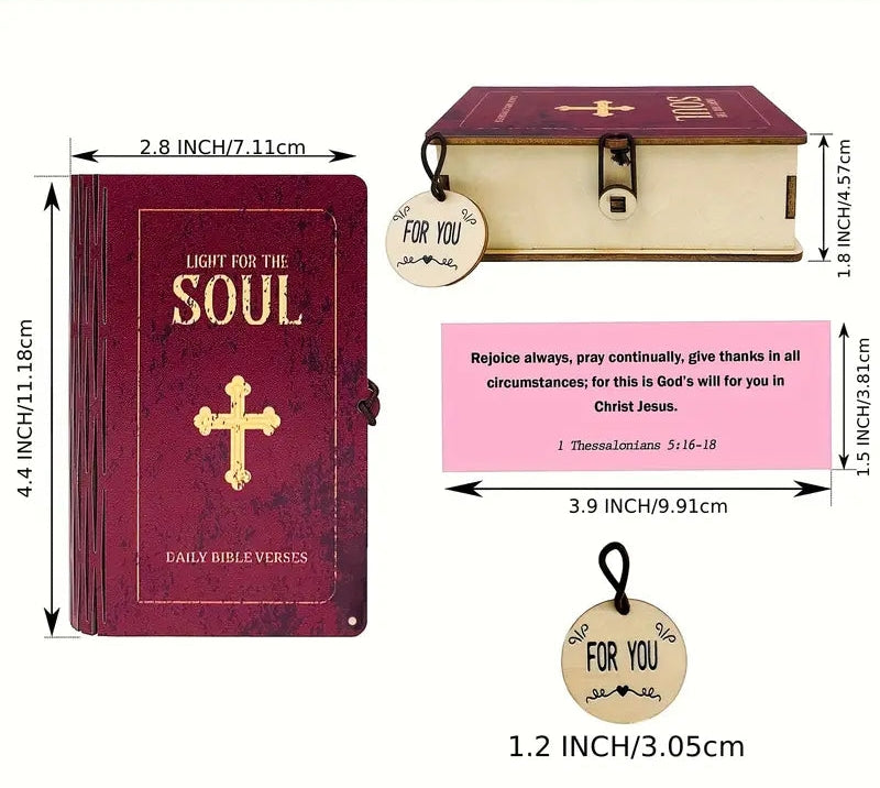 Biblia de Madera
con versículos bíblicos por emociones, incluye caja y tarjetas de colores con mensajes de fe.
