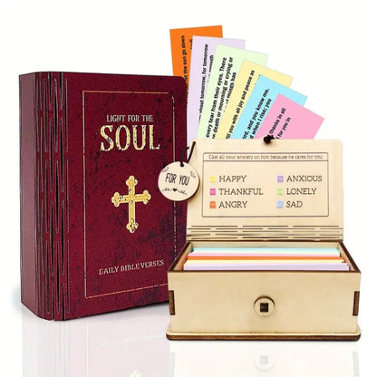 Biblia de Madera con versículos bíblicos organizados por emociones, ideal como regalo cristiano con significado.
