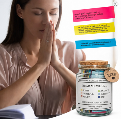 Woman praying beside a Read Me When Bible verse jar with color-coded scripture cards for anxiety, sadness, prayer, comfort, emotional healing, and Christian encouragement.