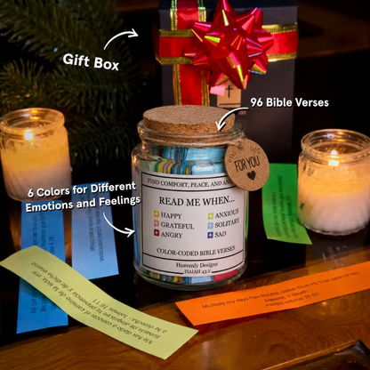 Christian gift box featuring a Read Me When Bible verse jar with 96 color-coded scripture cards for emotions like anxiety, sadness, gratitude, comfort, and daily encouragement.