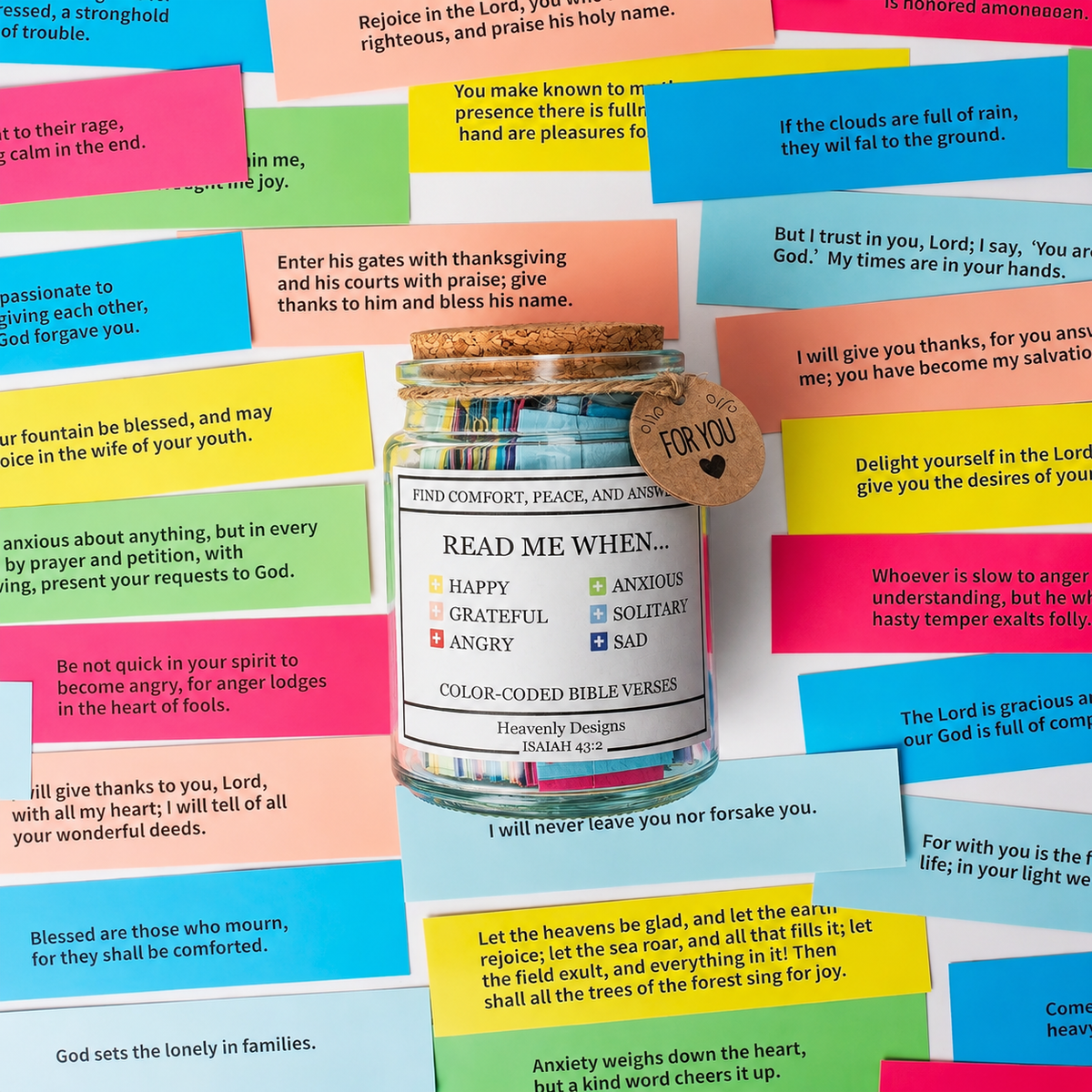Read Me When Bible verse jar surrounded by colorful scripture cards with encouraging verses for anxiety, loneliness, sadness, gratitude, healing, prayer, and emotional support.