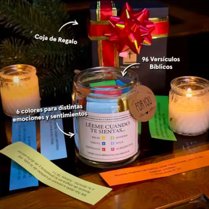 Frasco bíblico con caja de regalo cristiana y versículos por emociones