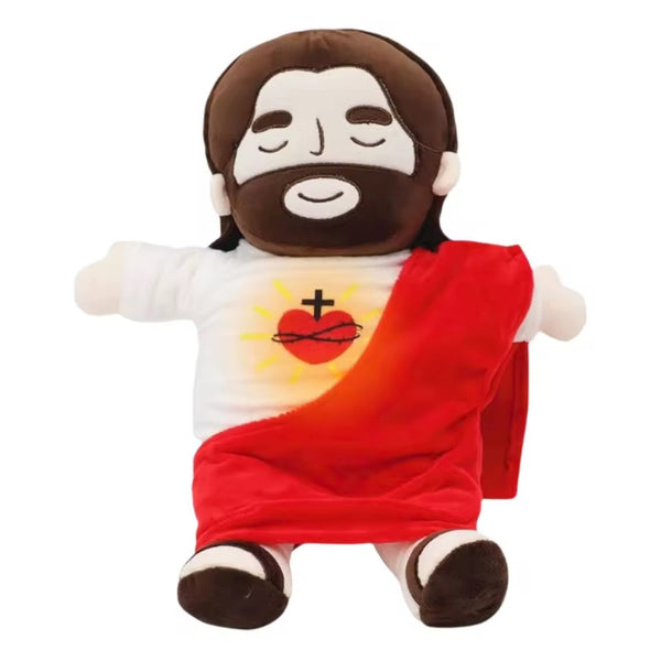 Peluche de Jesús que respira con luz y transmite paz, regalo cristiano con significado para niños y adultos
