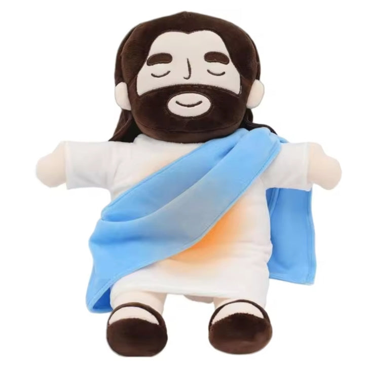 “Peluche de Jesús que respira con luz suave, brinda paz y tranquilidad emocional, ideal como regalo cristiano con significado.”