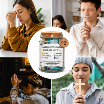Read Me When Bible verse jar with color-coded emotional support verses for women, a meaningful Christian gift for comfort, prayer, anxiety, sadness, gratitude, and daily encouragement.