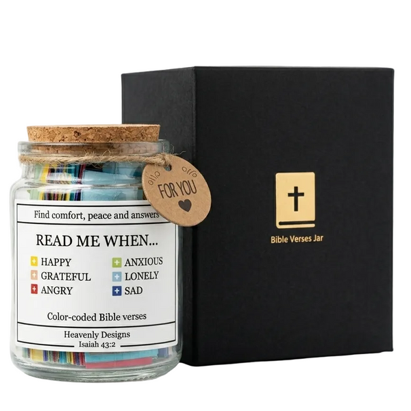 Read Me When Bible verse jar with luxury gift box, featuring color-coded scripture cards for emotional support, anxiety relief, comfort, prayer, and meaningful Christian gifting.