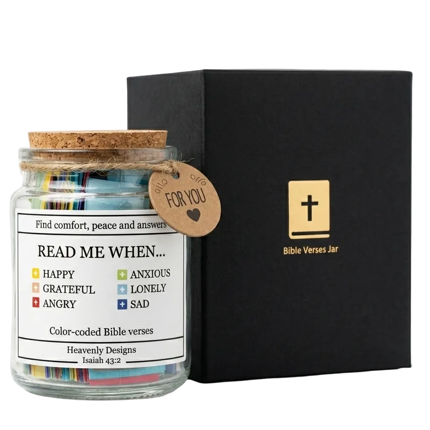 Read Me When Bible verse jar with luxury gift box, featuring color-coded scripture cards for emotional support, anxiety relief, comfort, prayer, and meaningful Christian gifting.